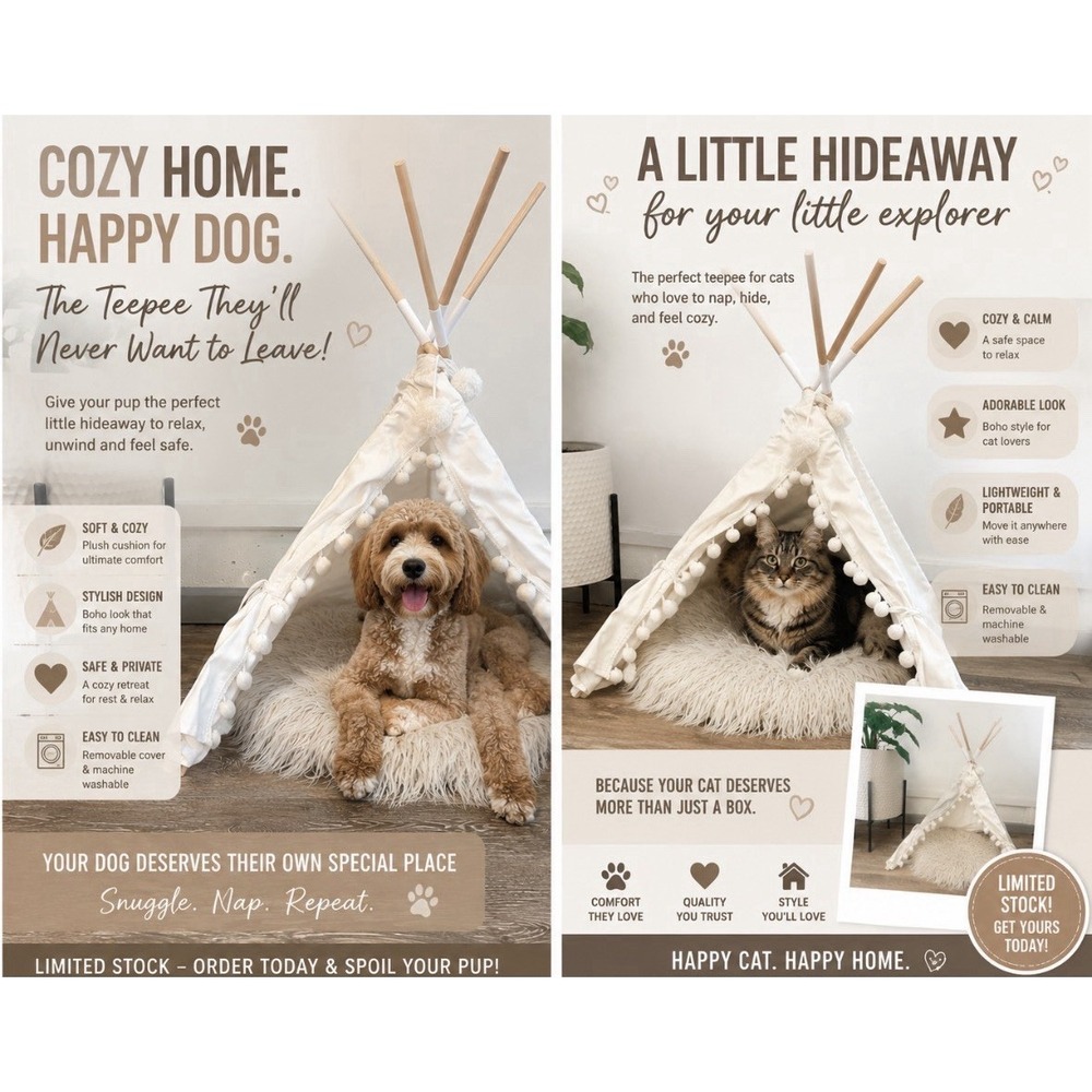 Pet Teepee, Portable Pet Tents for Small Dogs or Cats, Puppy Sweet Bed Washable